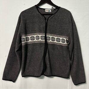 Vintage Paul Harris Design Full Zip Gray Jacket Snowflake Black Trim Womens Lg